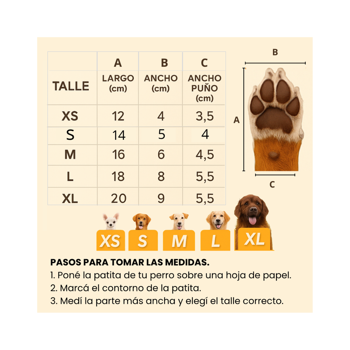Tabla de talles medias antideslizantes perros XS S M L XL largo ancho y ancho pu&ntilde;o